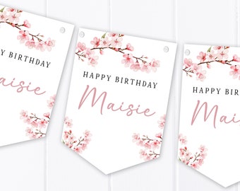 Bandierine personalizzate di buon compleanno con fiori di ciliegio - Qualsiasi età, 21, 30, 40, 50, 60, ecc. - Compleanno femminile