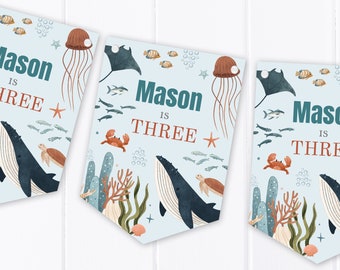 May include: Three blue and white pennant banners with an ocean theme. Each banner features a whale, a stingray, a jellyfish, coral, and other sea creatures. The text "Mason is Three" is printed on each banner.