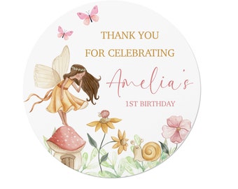 24 Personalised Fairy Garden Birthday Stickers - Thank You, Happy Birthday, Party Bags, Sweet Cone Seals