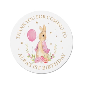 24 adesivi personalizzati con coniglietto rosa - grazie, buon compleanno, baby shower, battesimo