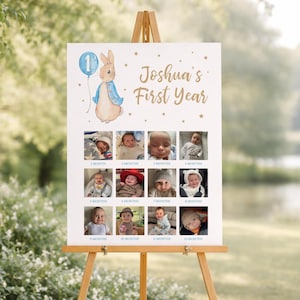 May include: A white sign on an easel with a Peter Rabbit illustration and the text "Joshua's First Year." The sign displays twelve baby photos, one for each month. The sign is decorated with gold stars and a blue balloon.