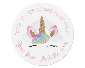 24 Personalised Unicorn Birthday Stickers - Thank You, Happy Birthday, Party Bags, Sweet Cones ST1