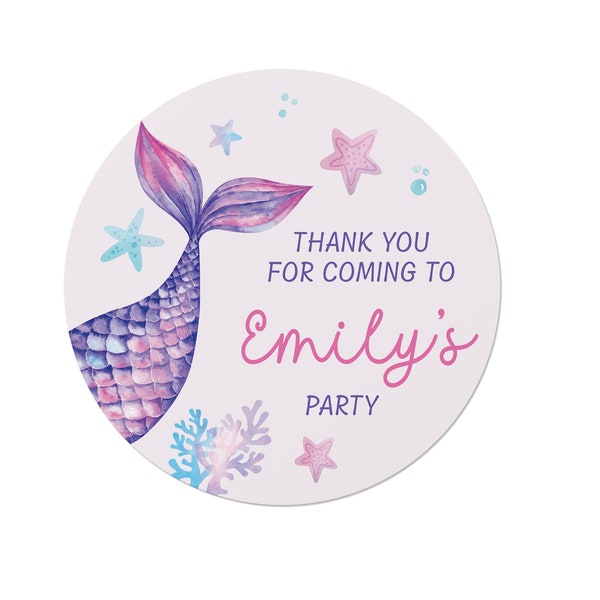 24 Personalised Mermaid Tail Birthday Stickers - Thank You, Happy Birthday - Under the Sea