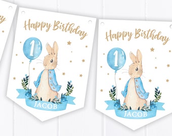 Personalised Blue Rabbit Happy Birthday Bunting - Children's Party Decoration Banner / Garland - Any Age - B80