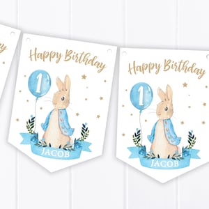 Bandierine di buon compleanno con coniglio blu personalizzate - Striscione/ghirlanda per feste per bambini - qualsiasi età - B80
