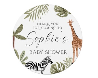 24 Personalised Baby Shower Stickers - Jungle Safari Design - Thank You Labels
