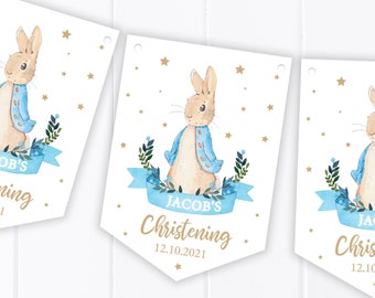 Personalised Blue Rabbit Christening, Communion, Baptism, baby Shower Bunting - Party Decoration Banner / Garland  B83