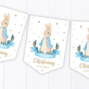 Personalised Blue Rabbit Christening, Communion, Baptism, baby Shower Bunting Party Decoration Banner / Garland B83 image 1