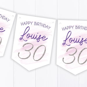 Purple Silver Happy Birthday Bunting - Party banner - Available for any age - 21st, 30th, 40th, etc B83