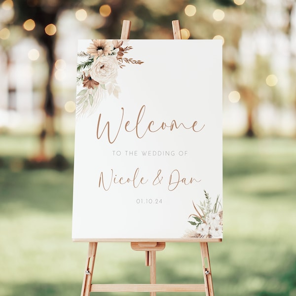 Personalised Boho Floral Pampas Grass Wedding Welcome Sign  - Digital or Printed Copy - A1, A2, A3 or A4