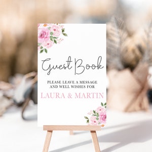 Vrij roze bloemen - bord bruiloft gastenboek - personaliseer met tekst of namen - A5-, A4-, A3- of A2-kaarten of foamboards