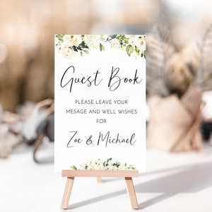 Witte roos - bruiloft gepersonaliseerd bord gastenboek - personaliseer met tekst - A5-, A4-, A3- of A2-kaarten of foamboards