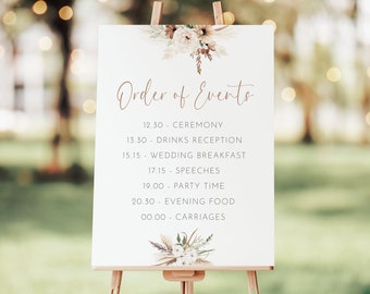 Personalised Boho Floral Pampas Grass Wedding Order of the Day - Order of Events Sign - Digital or Printed Copy - A1, A2, A3 or A4