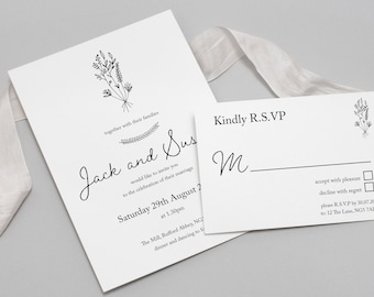 Rustic Floral Wedding Invitation Suite - Pack of 10 - Kraft, White or Ivory card