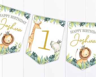 Jungle Safari Watercolour Happy Birthday Bunting - Personalised Children's Party Decoration Banner / Garland - Any Age B90