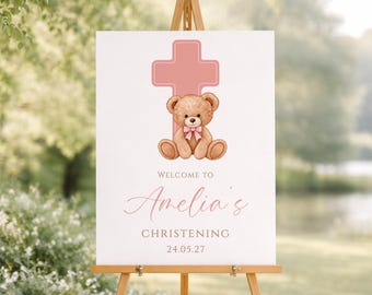 Personalised Christening Welcome Sign- Pink Bear with Cross - Communion, Baptism, Naming Day - A1, A2, A3 or A4 - Digital or Printed Copy