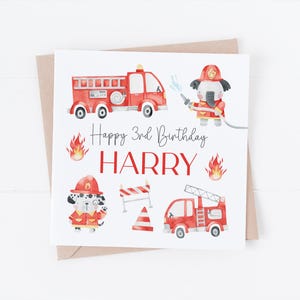 Biglietto di auguri di buon compleanno personalizzato con camion dei pompieri e acquerello - qualsiasi testo o età - 1°, 2°, 3°, 4°, 5° - figlio, nipote, nipote