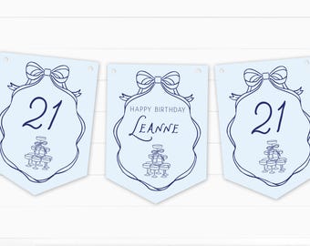 Whimsical Coquette Hand-Drawn Champagne Blue & Navy - Personalised Happy Birthday Bunting - Party Decoration Banner - Any Age