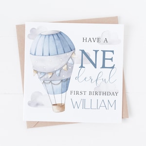 Blau One-derful - Personalisierte alles Gute zum Geburtstag Karte - 1. Geburtstag - Sohn, Enkel, Neffe - Onederful Blau Aquarell Heißluftballon