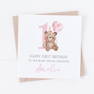 Beary Erster Geburtstag Rosa - Personalisierte alles Gute zum Geburtstagkarte - Personalisieren Sie mit jedem Text - Tochter, Enkelin, Nichte