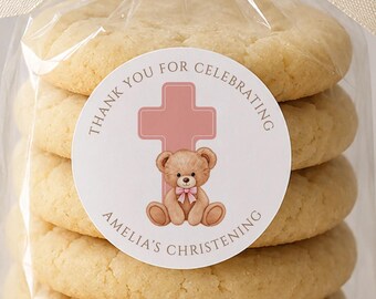 24 Personalised Stickers -  Pink Bear with Cross - Christening, Baptism, Communion - Thank You Labels