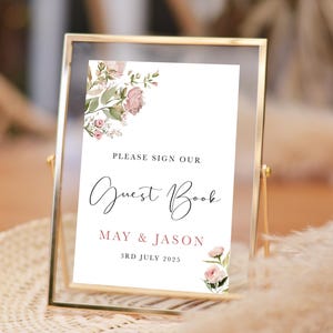 Zart rosa Blumen - Hochzeitsgästebuch Schild - Personalisieren Sie mit einem beliebigen Text oder Namen - A5, A4, A3 oder A2 Karten oder Schaumstoffplatten