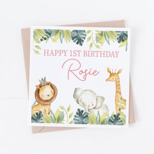 Personalisierte rosa Aquarell Dschungel Safari alles Gute zum Geburtstagkarte - Personalisieren Sie mit jedem Text oder Alter - 1., 2., 3., 4., 5. Geburtstag