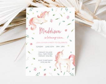 Unicorn Personalised Birthday Party Invitations - With Envelopes - Sleepover Invites - 5th, 6th, 7th, 8th Girl's Pink Invite