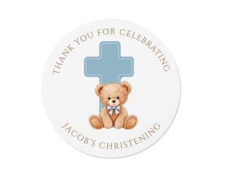 24 Personalised Stickers -  Blue Bear with Cross - Christening, Baptism, Communion - Thank You Labels
