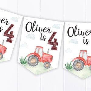 Personalised Red Tractor Happy Birthday Bunting - Children&#39;s Party Decoration Banner / Garland - Any Age B8