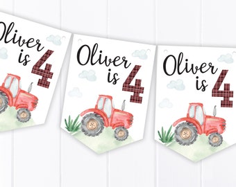 Personalised Red Tractor Happy Birthday Bunting - Children's Party Decoration Banner / Garland - Any Age B8