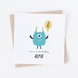 Carte de joyeux anniversaire monstre personnalisée - à personnaliser avec n'importe quel texte ou âge - 1er, 2e, 3e, 4e, 5e anniversaire BC36