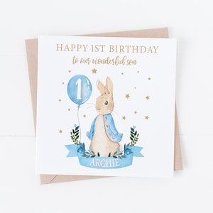 Biglietto di auguri di buon compleanno personalizzato con coniglio blu - Personalizzabile con qualsiasi testo - Figlio, nipote, nipote BC32