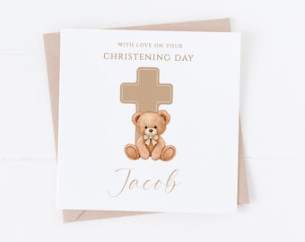 Personalised Blue Bear with Cross -  Christening Card - On your Christening Day - Baptism, Communion, Naming Day, Communion