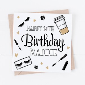 Gepersonaliseerde gelukkige verjaardagskaart - modern make-upontwerp - tiener - meisje - goud BC80