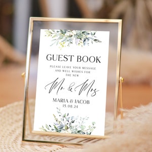 Eucalipto y olivo - Signo de libro de visitas personalizado de boda - Personalizar con cualquier texto - Tarjetas A5, A4, A3 o A2 o tableros de espuma