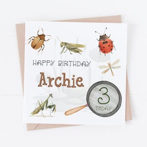 Tarjeta de feliz cumpleaños personalizada con acuarela de insectos o bichos: cualquier texto o edad: 1.º, 2.º, 3.º, 4.º, 5.º: hijo, nieto, sobrino