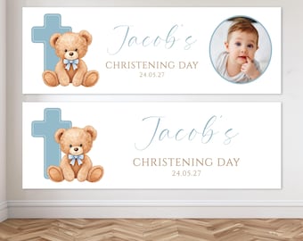 Personalised Blue Bear with Cross Christening Photo Banner - Three Sizes - Paper or Vinyl Options - Baptism, Communion, Naming Day