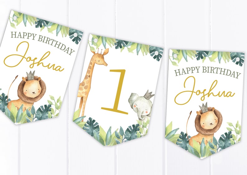 Dschungel Safari Aquarell Happy Birthday Wimpelkette Personalisierte Kinder Party Dekoration Banner / Girlande Jedes Alter B90 Bild 1