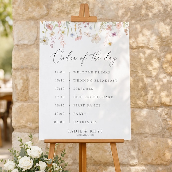 Programa de boda personalizado con diseño floral de flores silvestres en tonos pastel para primavera - Diseño primaveral brillante - Copia digital o impresa - Tamaños A1, A2, A3 o A4