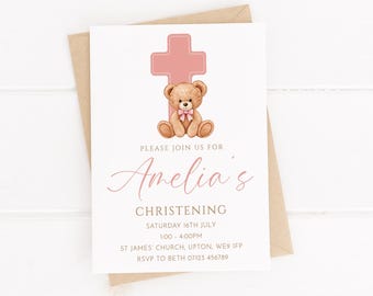 Personalised Pink Bear with Cross -  Christening, Baptism, Communion, Naming Day Invitations - With Envelopes