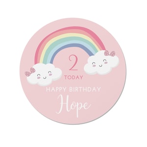 24 Personalised Pink Rainbow Happy Birthday Stickers - Pink or Blue - Party Bags ST6
