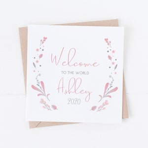 Gepersonaliseerde nieuwe babykaart - nieuwe ouders kaart - roze bloemen - baby meisje NB1