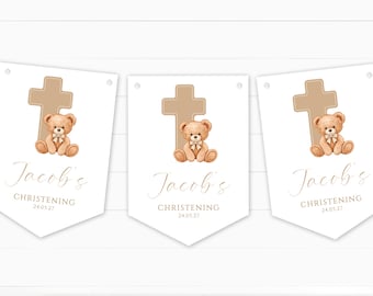 Personalised Blue Bear with Cross Bunting - Christening, Baptism, Communion, Naming Day - Party Decoration Banner