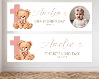 Personalised Pink Bear with Cross Christening Photo Banner - Three Sizes - Paper or Vinyl Options - Baptism, Communion, Naming Day