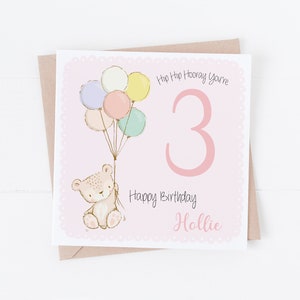 Cartão de feliz aniversário personalizado com urso fofo - Personalize com qualquer texto - 1º, 2º, 3º, 4º, 5º, 6º, filha, neta, sobrinha BC75