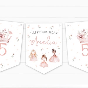 Bandierine personalizzate per l&#39;età del buon compleanno della principessa dell&#39;acquerello - Striscione decorativo per feste per bambini