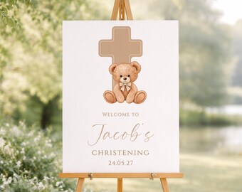 Personalised Christening Welcome Sign- Blue Bear with Cross - Communion, Baptism, Naming Day - A1, A2, A3 or A4 - Digital or Printed Copy