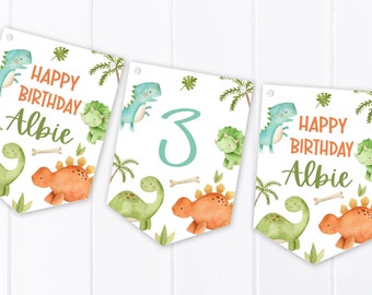 Watercolour Dino - Dinosaur Happy Birthday Bunting - Personalised Children's Party Decoration Banner / Garland