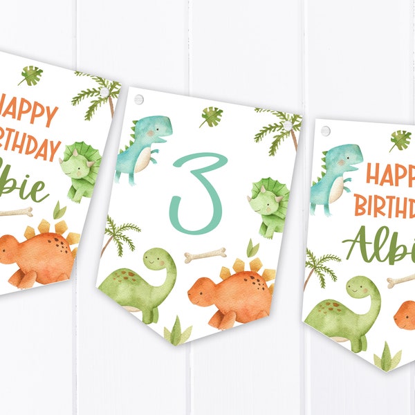 Watercolour Dino - Dinosaur Happy Birthday Bunting - Personalised Children's Party Decoration Banner / Garland